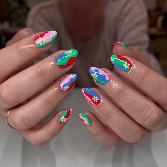 Medium Almond Abstract Colorful Wavy Lines, Close-Up Take Medium Almond Abstract Colorful Wavy Lines, Close-Up Take — Cute Classy Almond Nails