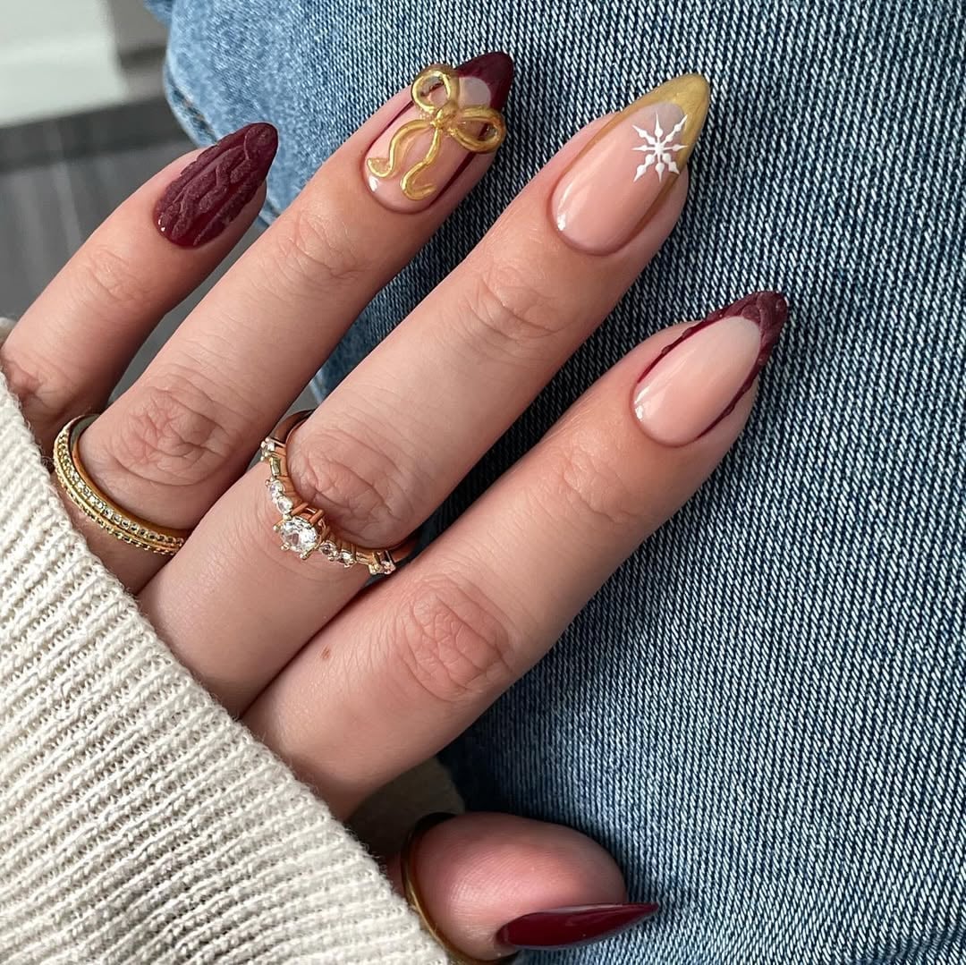 Long Almond Burgundy With Gold Bows Long Almond Burgundy With Gold Bows — Cute Classy Almond Nails