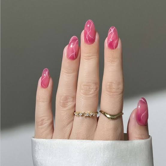 Medium Almond Pink Marble Effect Medium Almond Pink Marble Effect — Cute Classy Almond Nails
