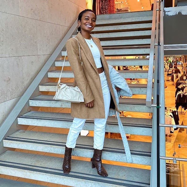 Camel Longline Coat Over White Crop Top and Jeans — Cute Classy Outfits