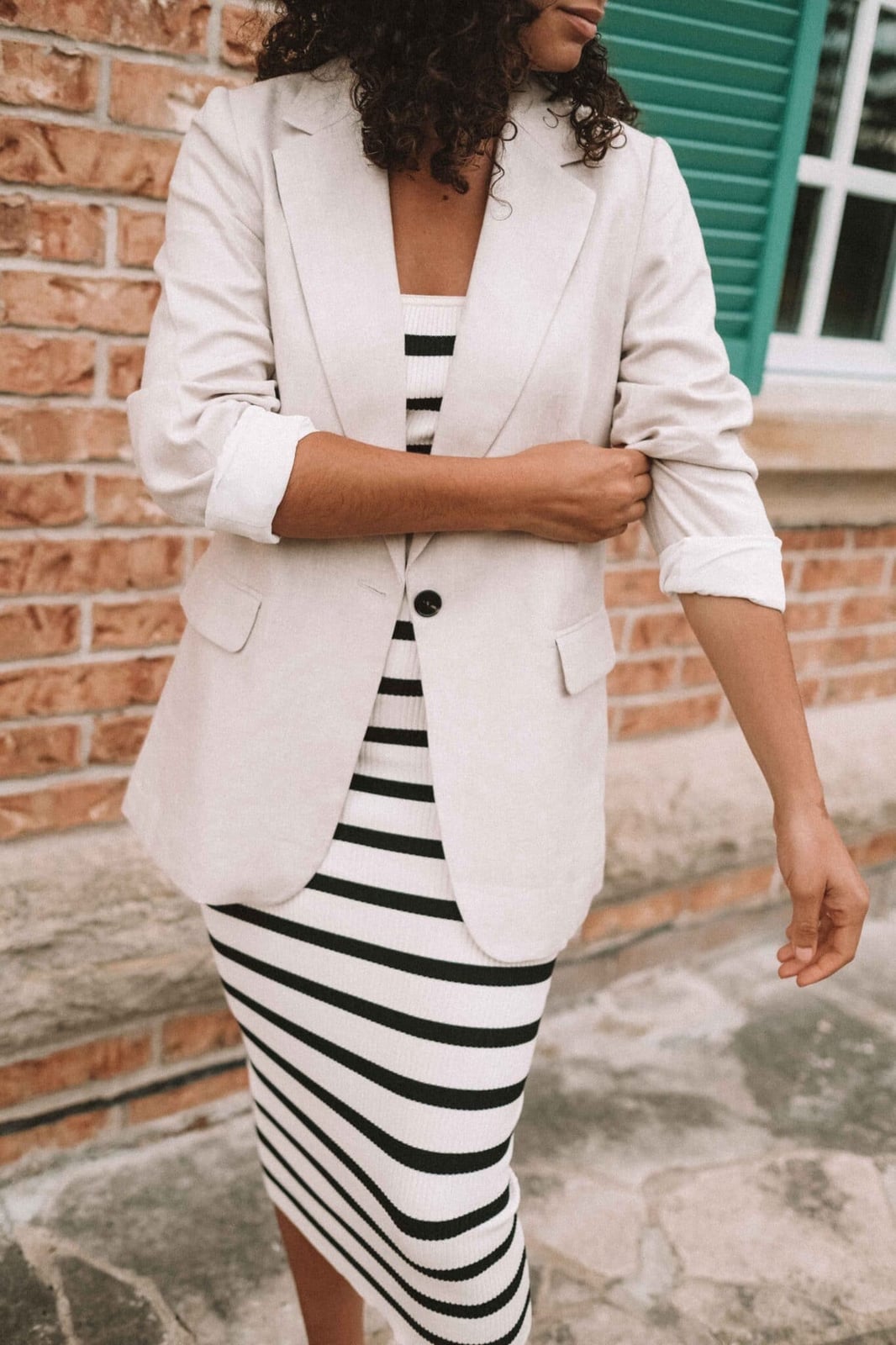 Beige Blazer Over Striped Knit Midi Dress — Cute Classy Outfits