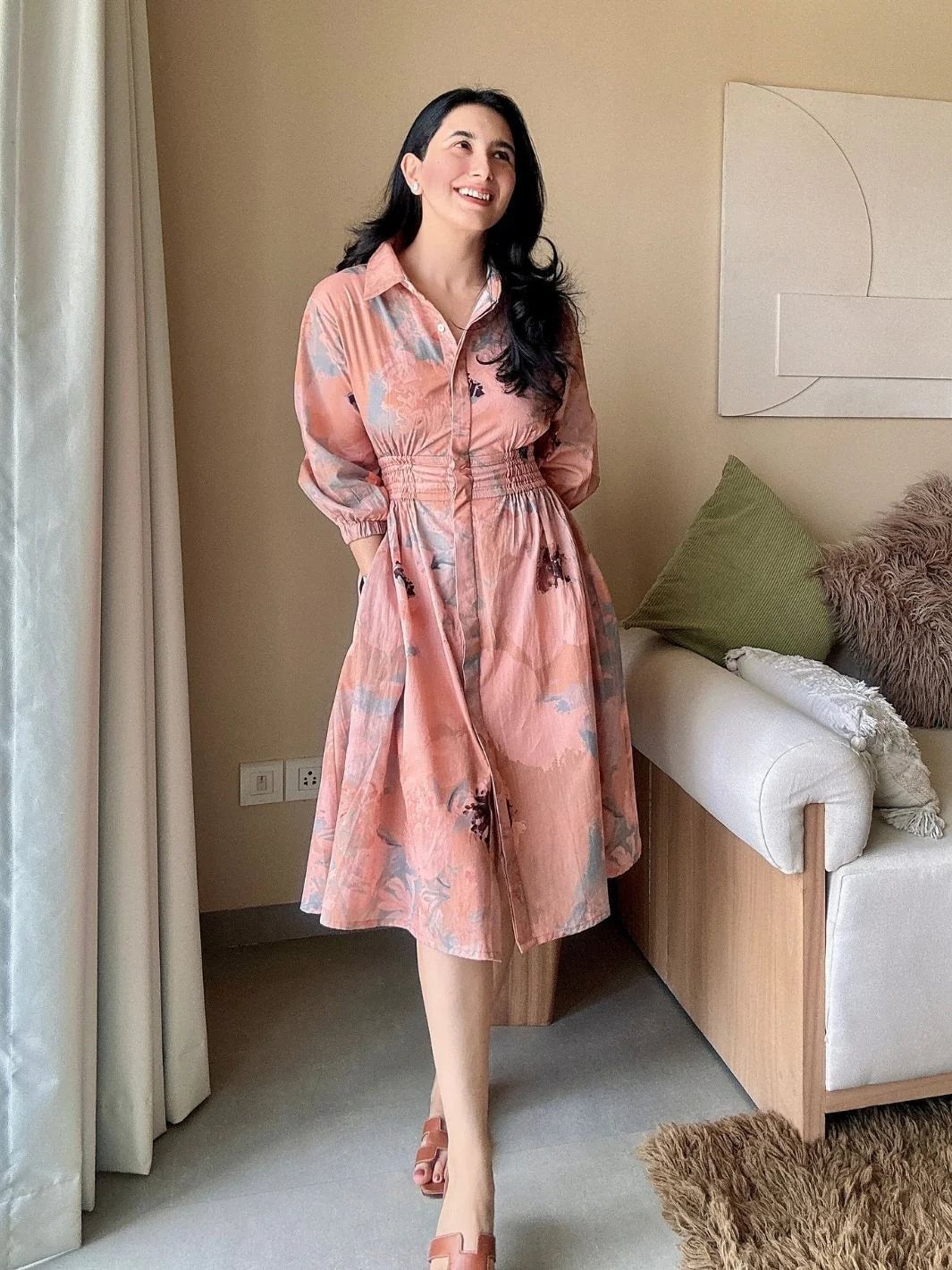 Pink Floral Shirt Dress with Cinched Waist — Cute Classy Outfits