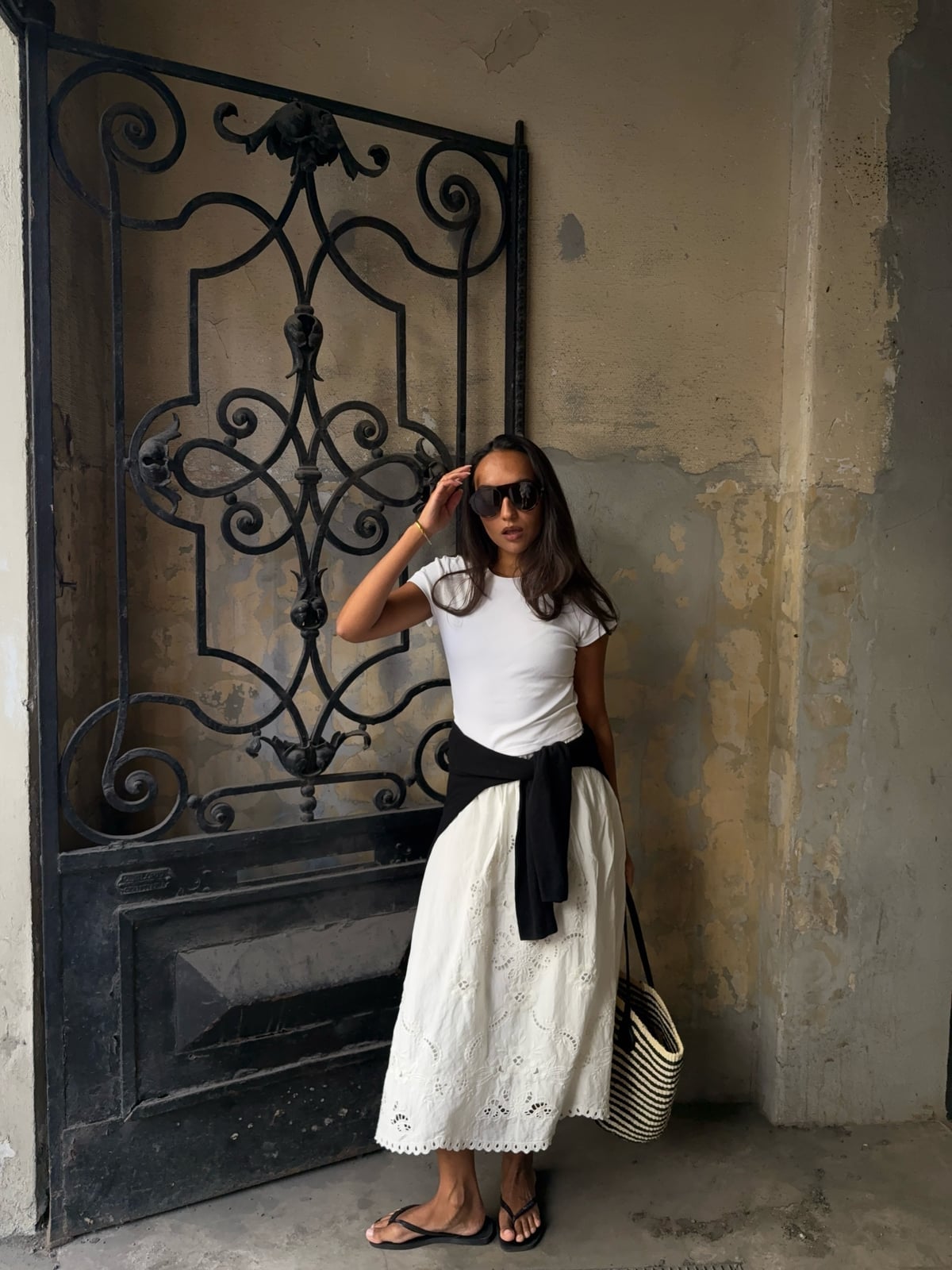 White T-Shirt with Eyelet Midi Skirt — Cute Classy Outfits