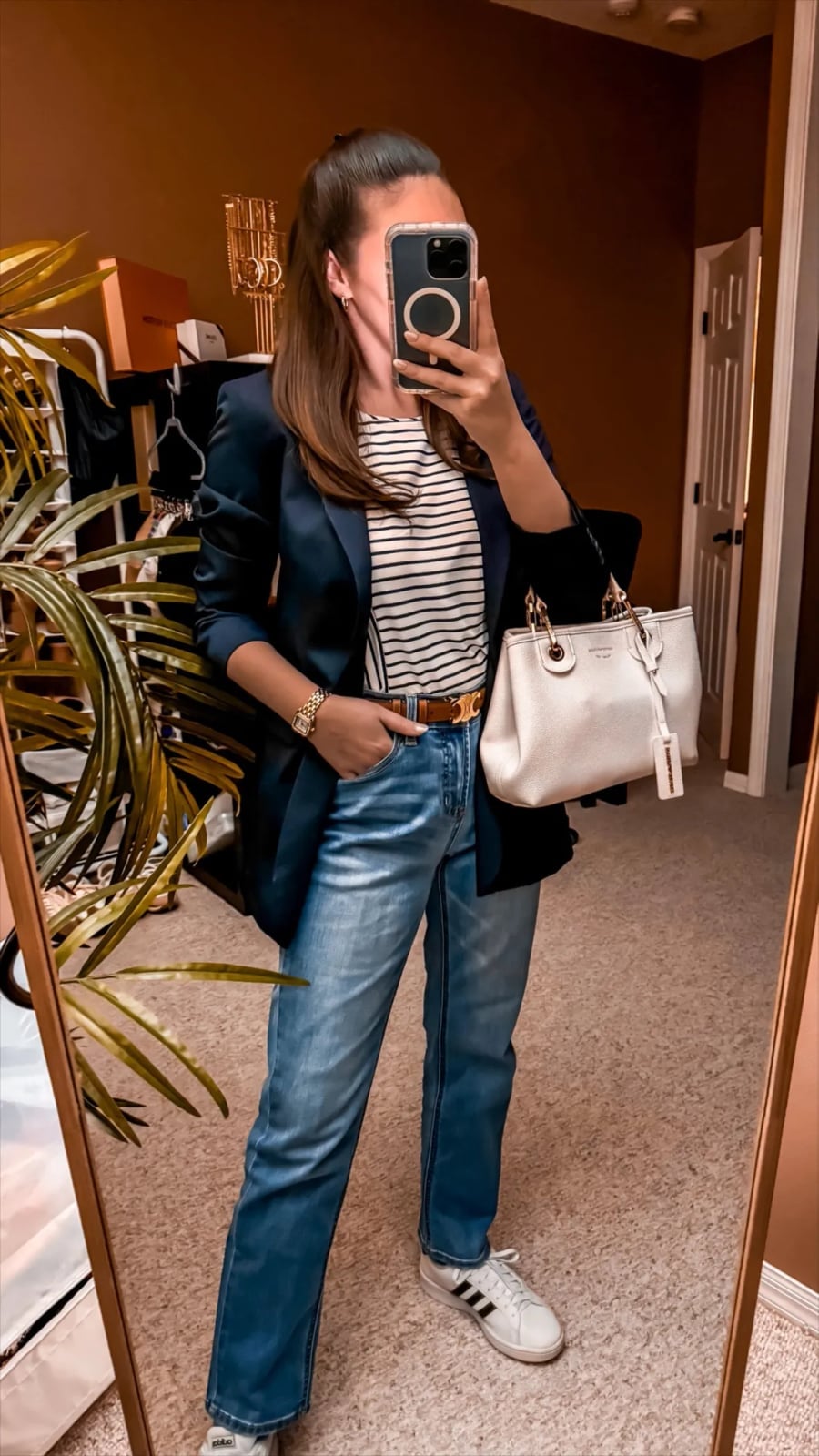 Navy Blazer with Striped Top and Blue Jeans — Cute Classy Outfits