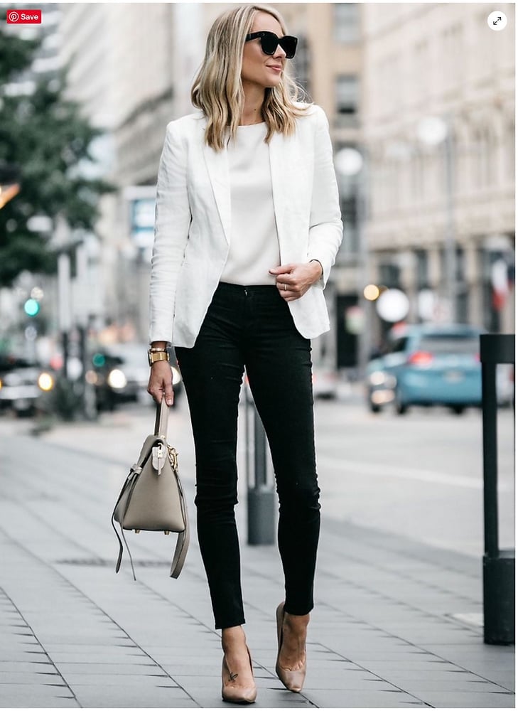 White Linen Blazer with Slim Black Trousers — Cute Classy Outfits