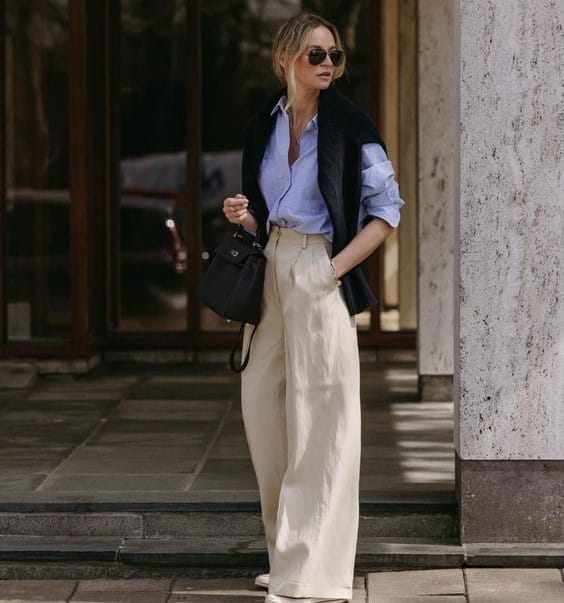 Wide-leg Linen Pants with Blue Shirt and Sweater — Cute Classy Outfits