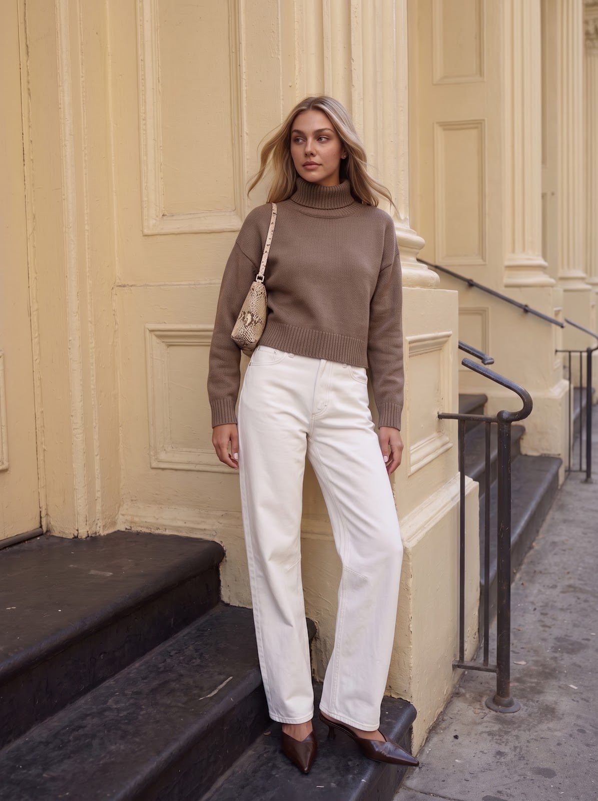 Cropped Brown Knit Sweater with Cream Denim Jeans — Cute Classy Outfits