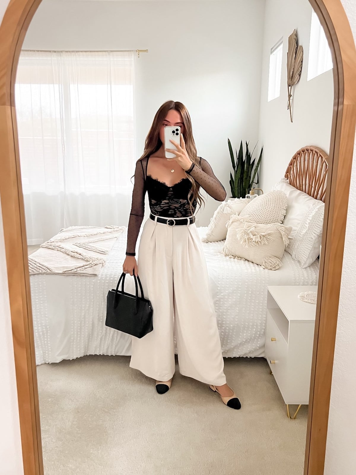 Black Lace Top with Cream Wide-Leg Trousers — Cute Classy Outfits