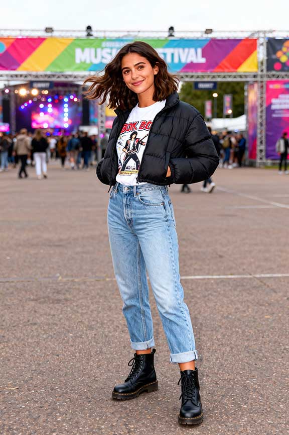 Graphic Tee and Puffer Jacket Concert Outfit Graphic Tee and Puffer Jacket Concert Outfit — Cute Concert Outfit Inspo