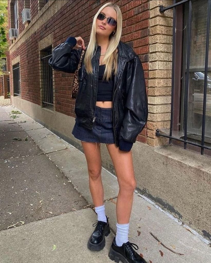 Leather Bomber Jacket Mini Skirt and Loafers Concert Attire Leather Bomber Jacket Mini Skirt and Loafers Concert Attire — Cute Concert Outfit Inspo