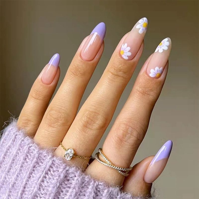 Long Almond Nails With Lavender French Tips And Daisies — Cute Cute Nails