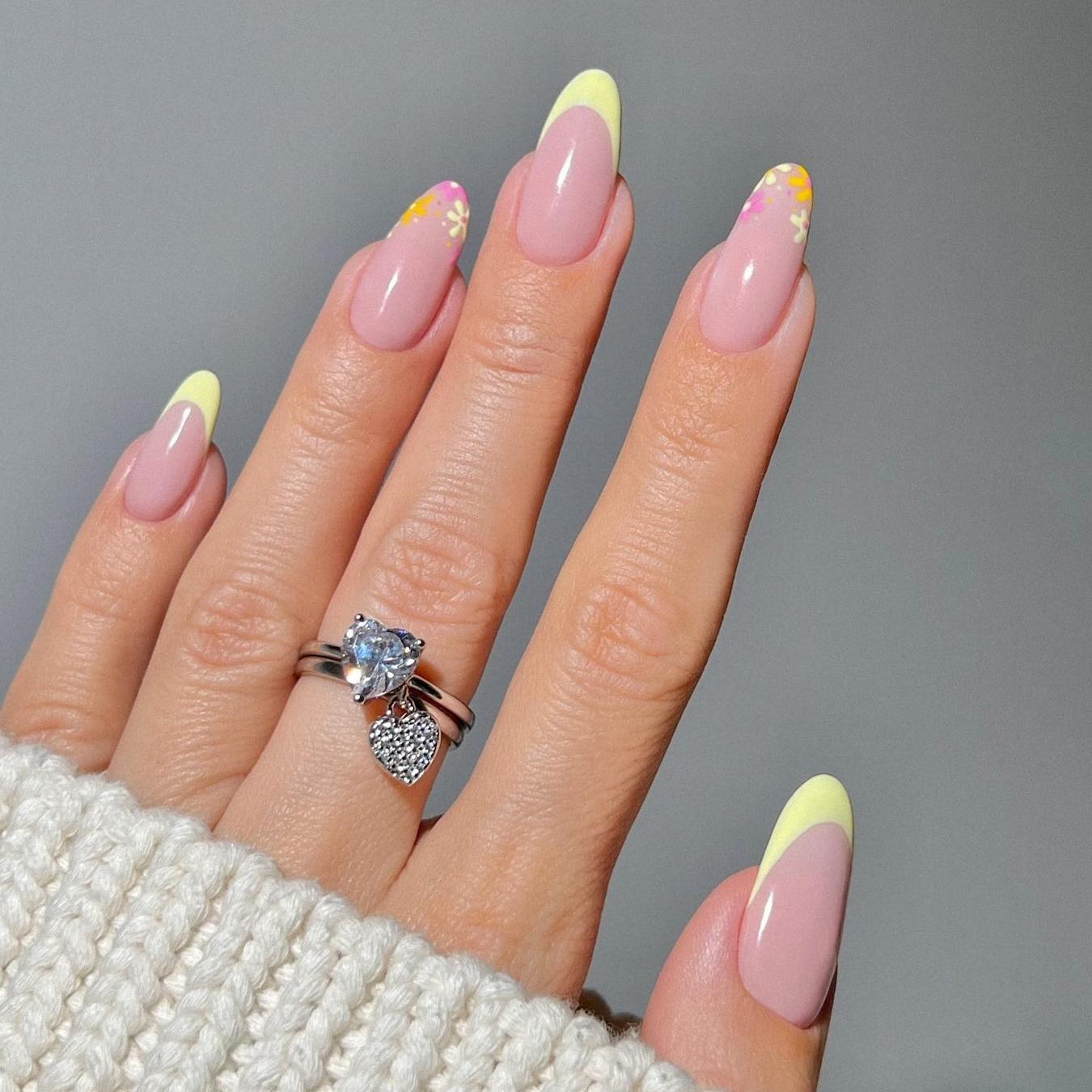 Long Almond Nails With Yellow French Tips And Flowers — Cute Cute Nails