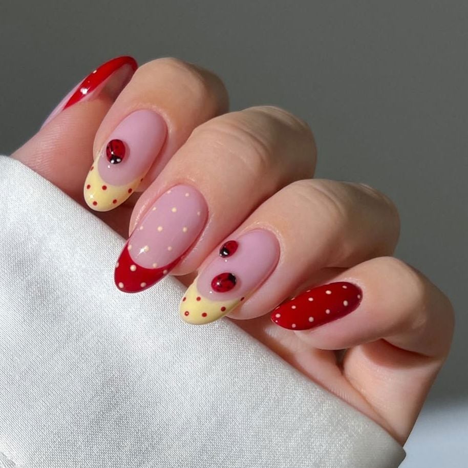 Short Oval Nails With Ladybug French Tips — Cute Cute Nails