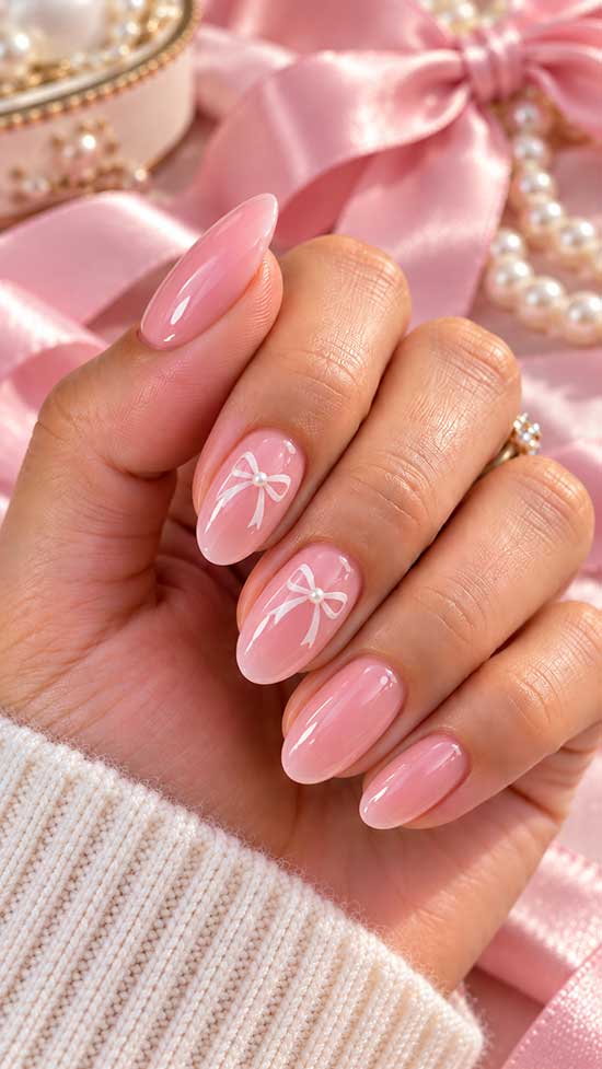 Milky Pink Oval Nails With White Bows And Pearls — Cute Cute Nails