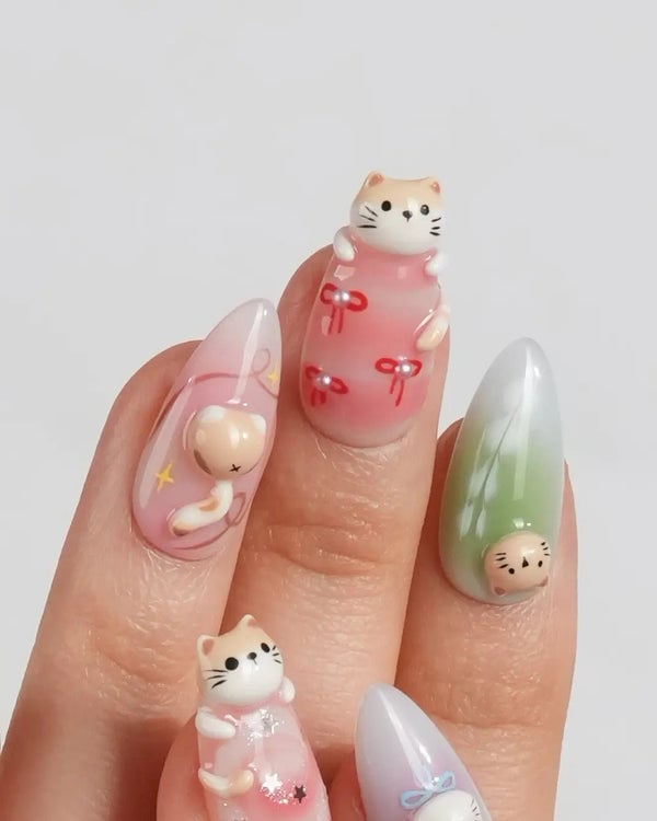 Almond Nails With 3D Cats, Bows, And Gradients — Cute Cute Nails