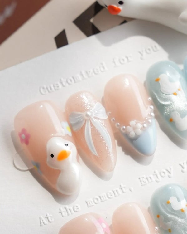 Medium Oval Nails With 3D Duck And Bow — Cute Cute Nails