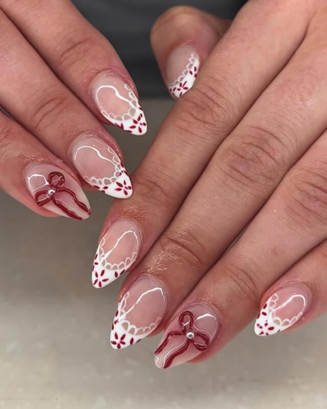 Medium Stiletto Nails With Red Bows And Lace, Close-Up Take — Cute Cute Nails