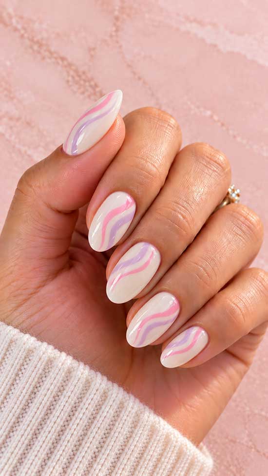 Short Almond Nails With Pastel Wavy Lines — Cute Cute Nails