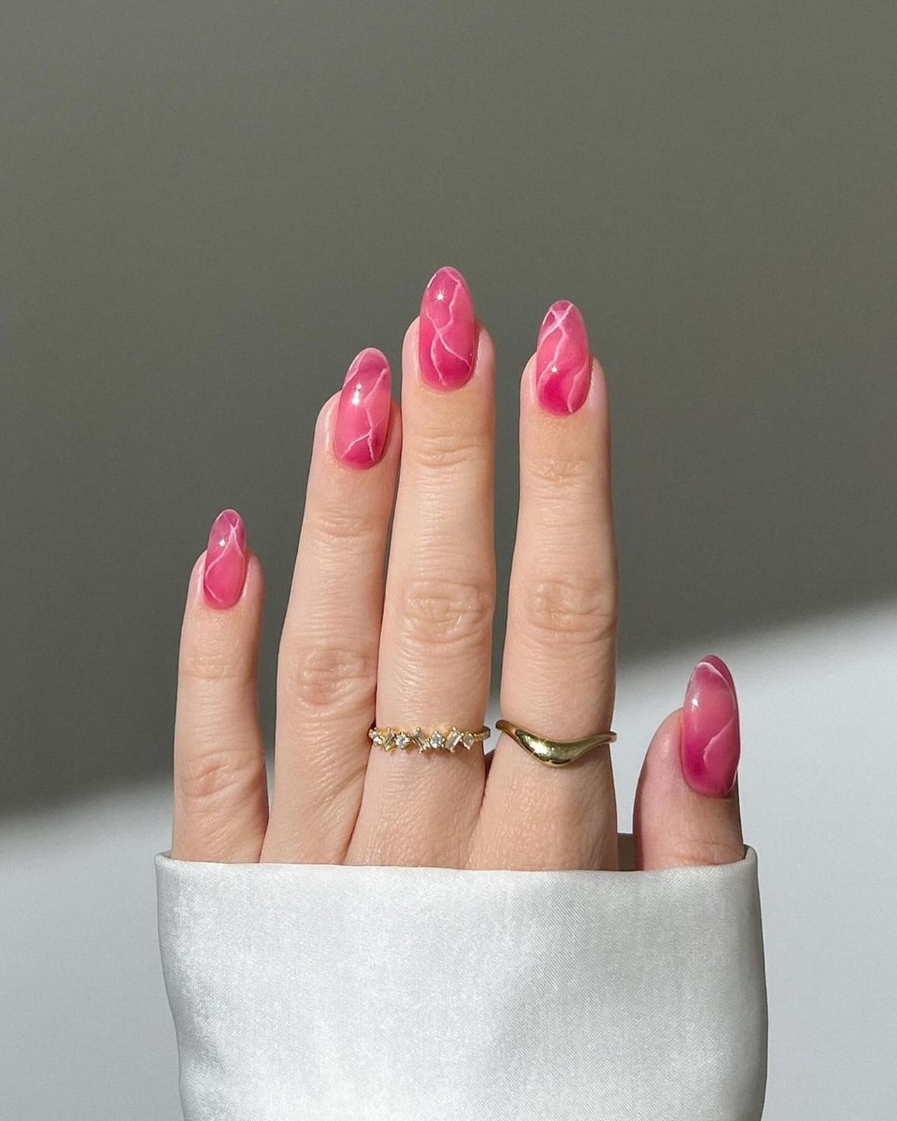 Medium Almond Nails With Jelly Pink And White Lines — Cute Cute Nails