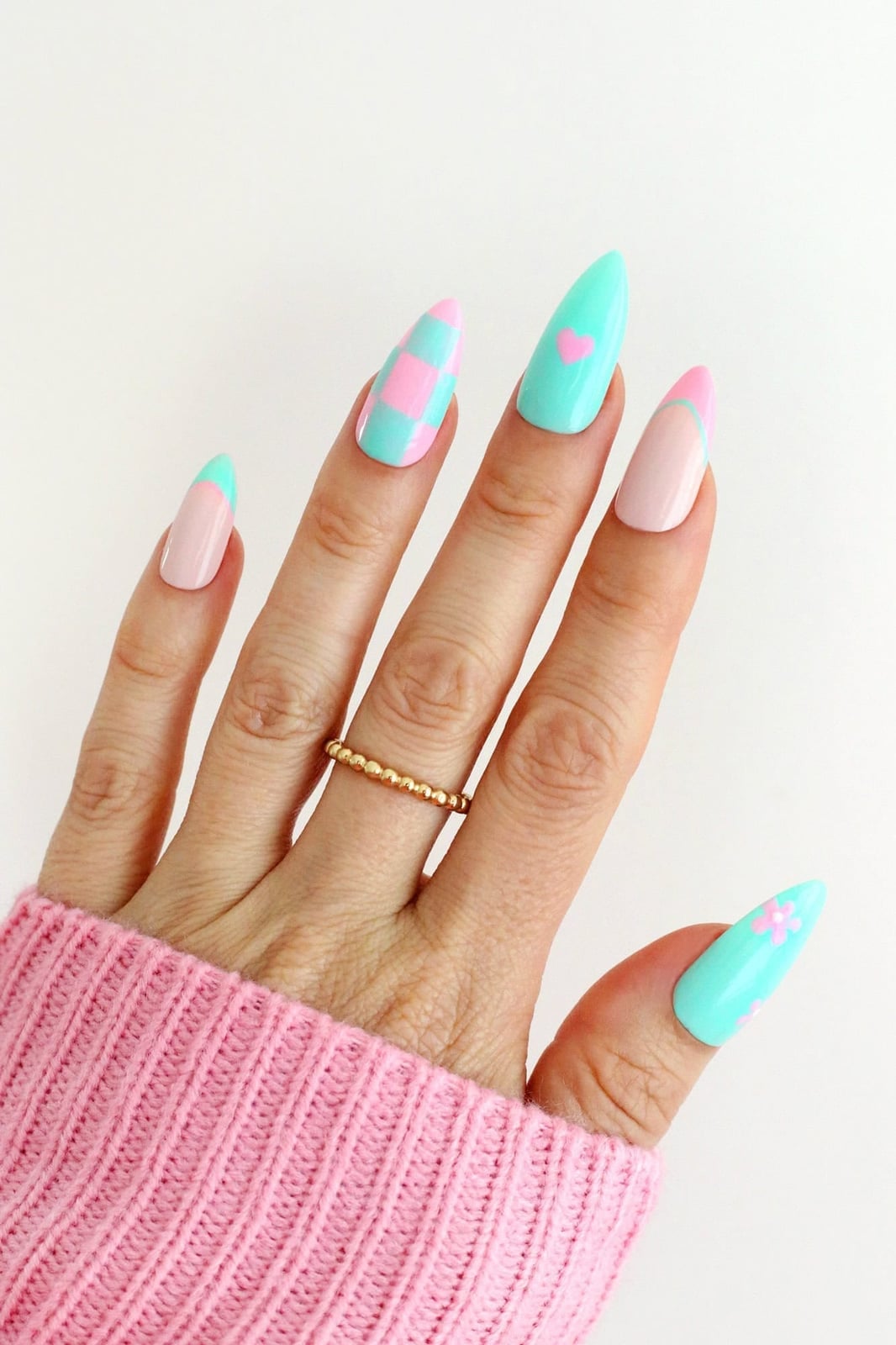 Long Stiletto Nails With Pastel Checkers And Hearts — Cute Cute Nails
