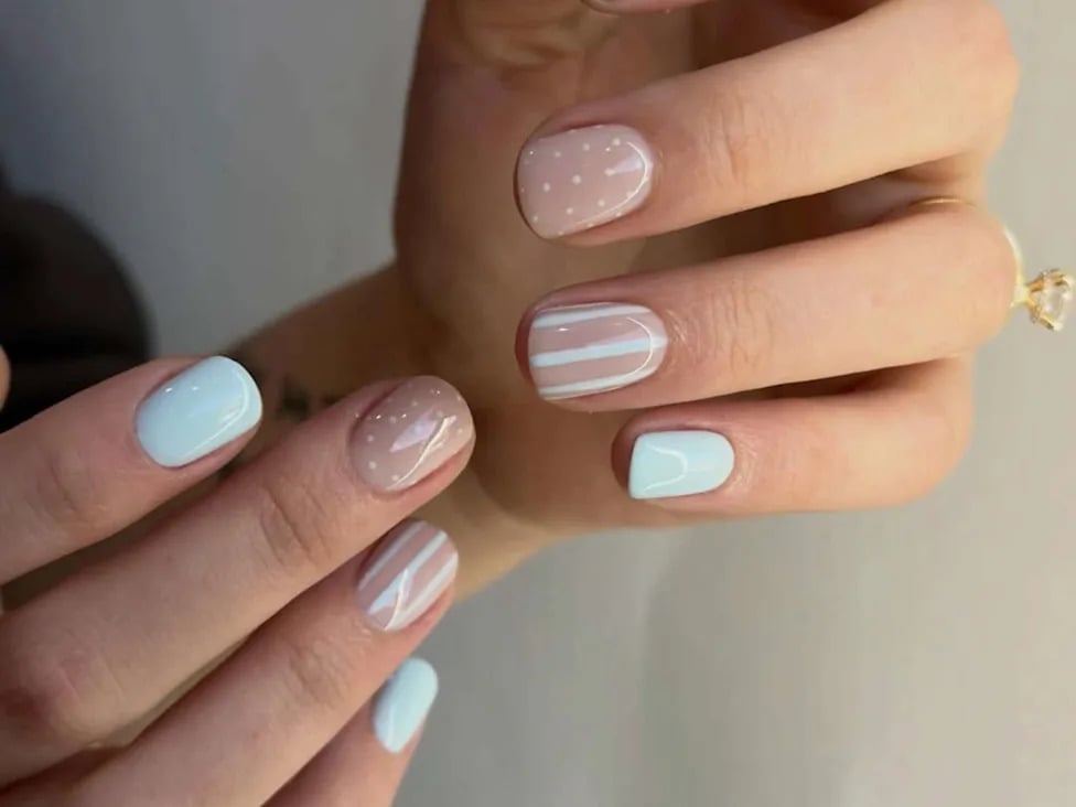 Short Square Nails With White Dots And Stripes — Cute Cute Nails