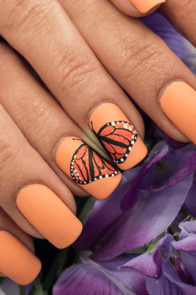 Short Square Nails With Matte Orange And Butterfly — Cute Cute Nails