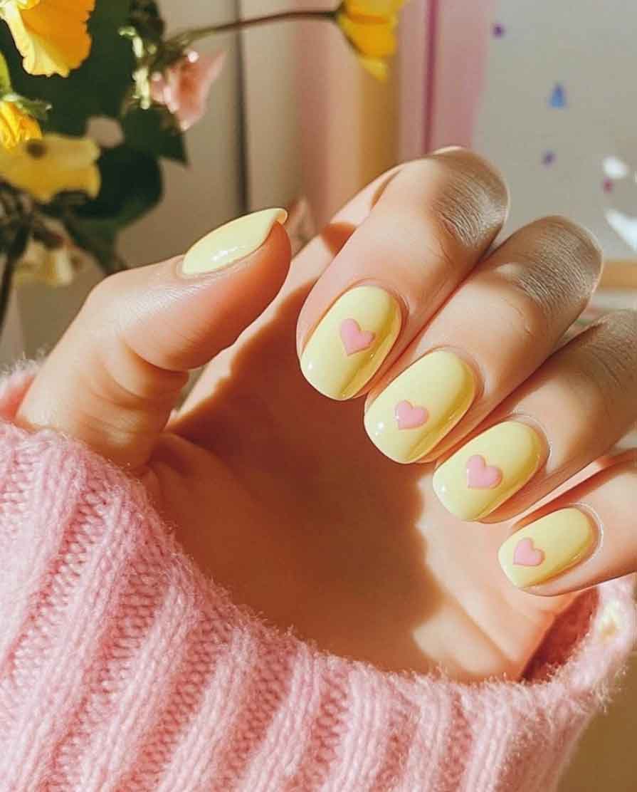 Short Yellow Oval Nails With Pink Hearts — Cute Cute Nails