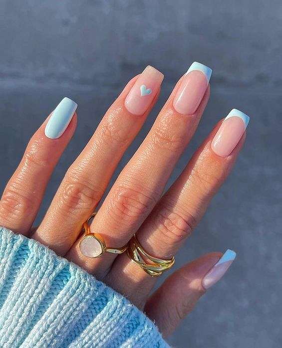 Square Nails With Blue French Tips And Heart — Cute Cute Nails