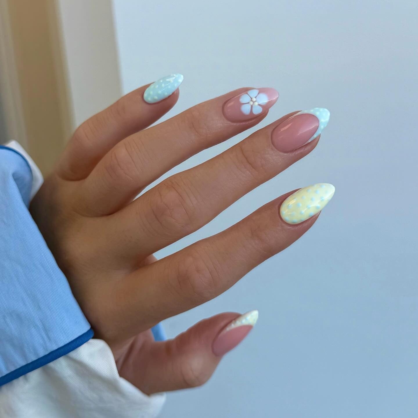 Medium Almond Nails With Blue Polka Dot French Tips — Cute Cute Nails