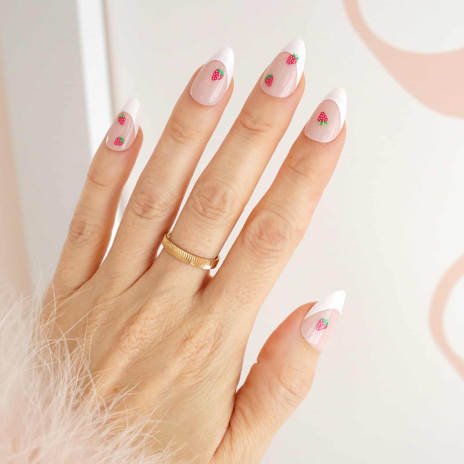 Almond Nails With White French And Strawberry Art — Cute Cute Nails