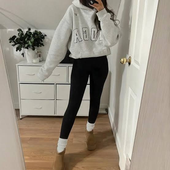 Grey Graphic Hoodie with Black Leggings — Cute Cute Outfits