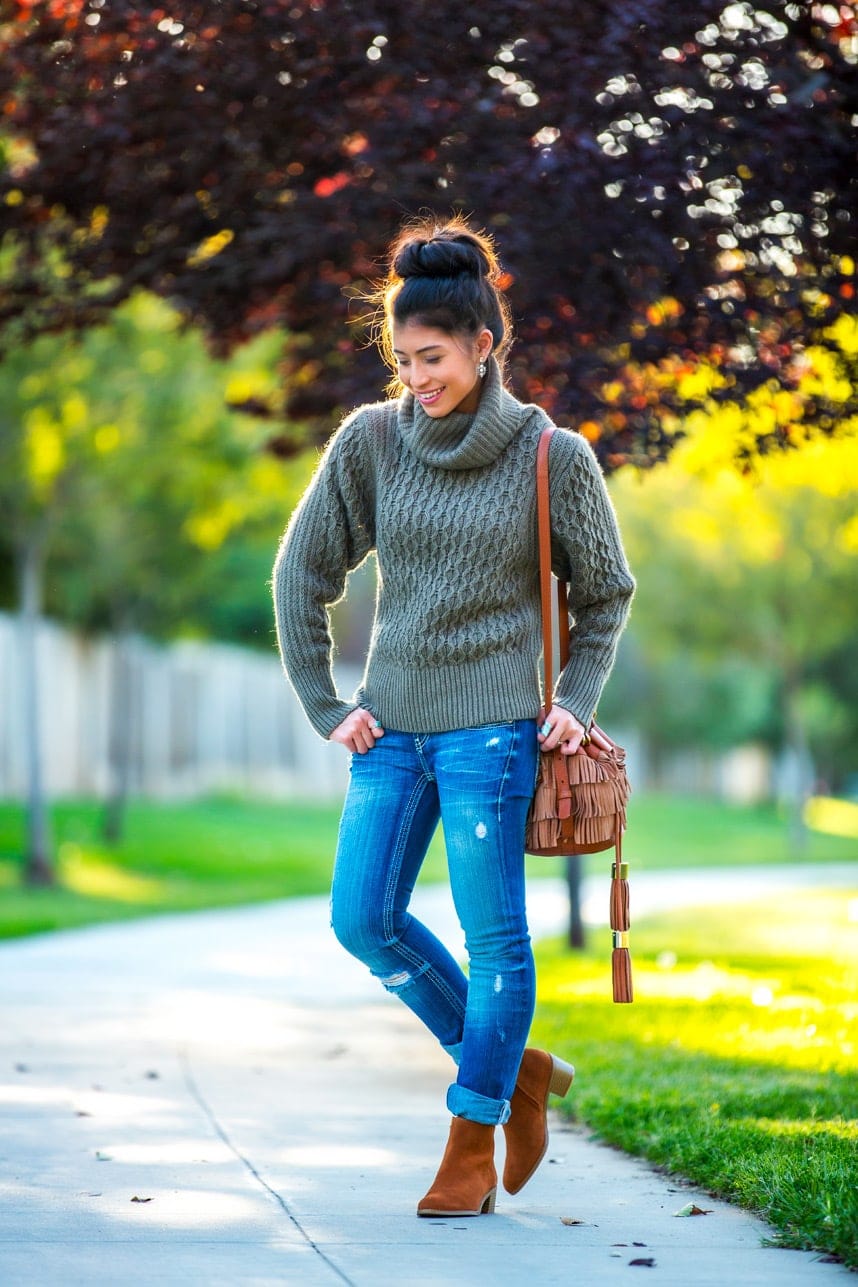 Olive Green Turtleneck Sweater with Slim Jeans — Cute Cute Outfits