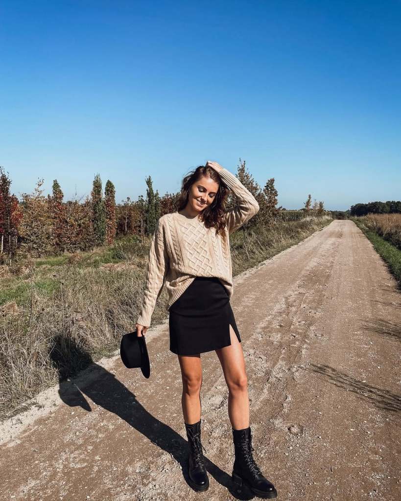 Beige Cable Knit Sweater and Black Mini Skirt — Cute Cute Outfits