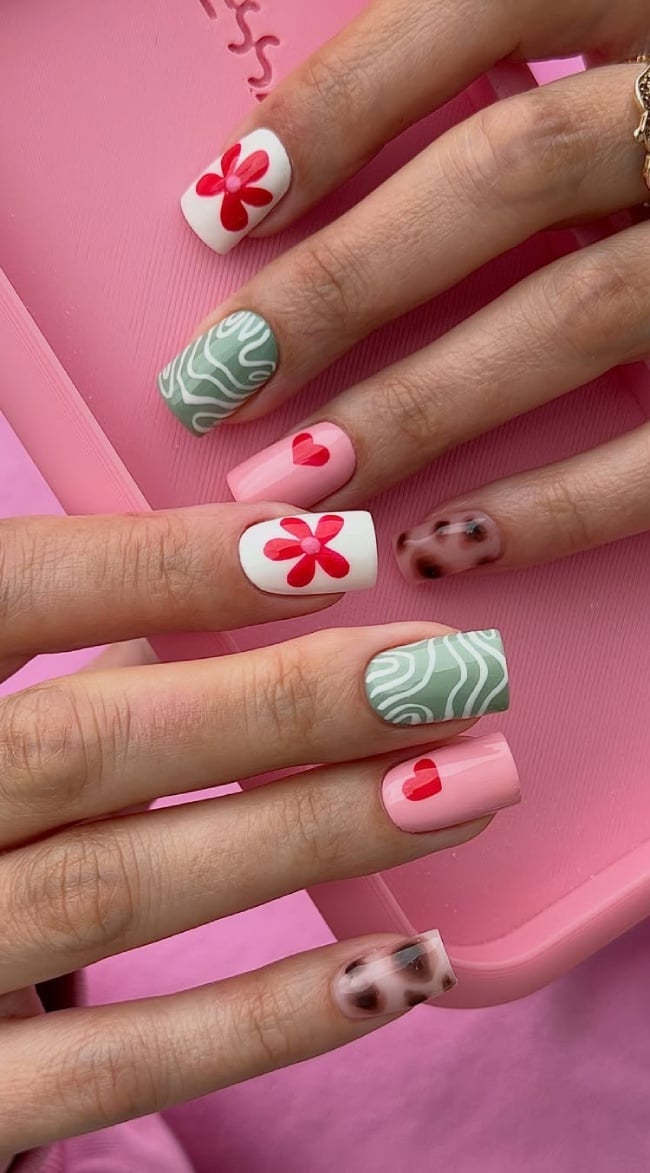 Medium Square Nails With Mixed Designs Medium Square Nails With Mixed Designs — Cute Cute Square Nails