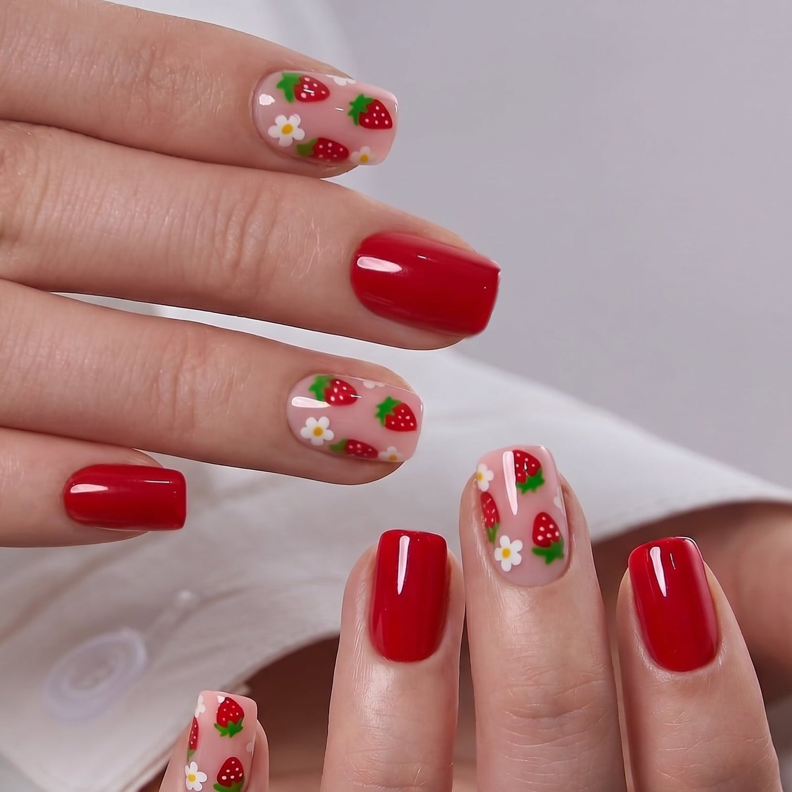 Short Square Nails With Strawberry Flower Design Short Square Nails With Strawberry Flower Design — Cute Cute Square Nails