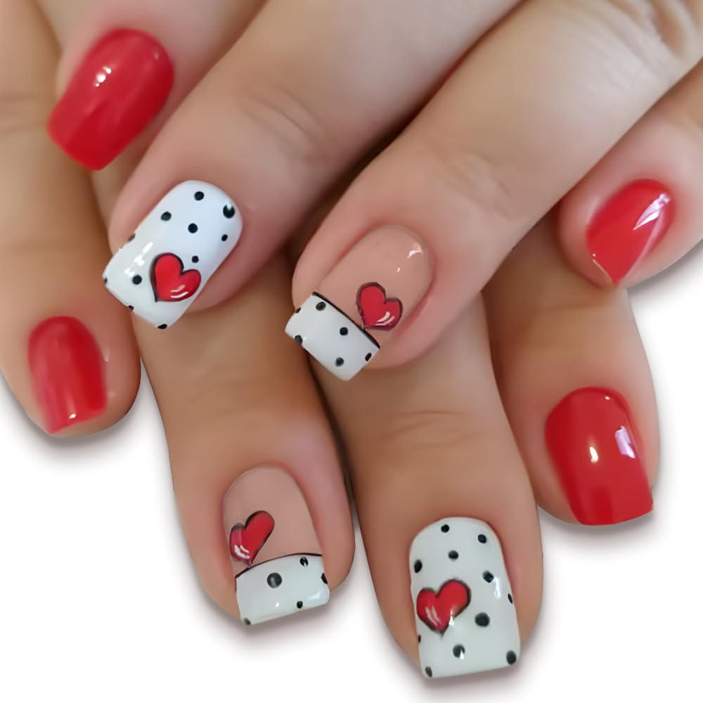 Short Square Nails With Polka Dots And Hearts Short Square Nails With Polka Dots And Hearts — Cute Cute Square Nails