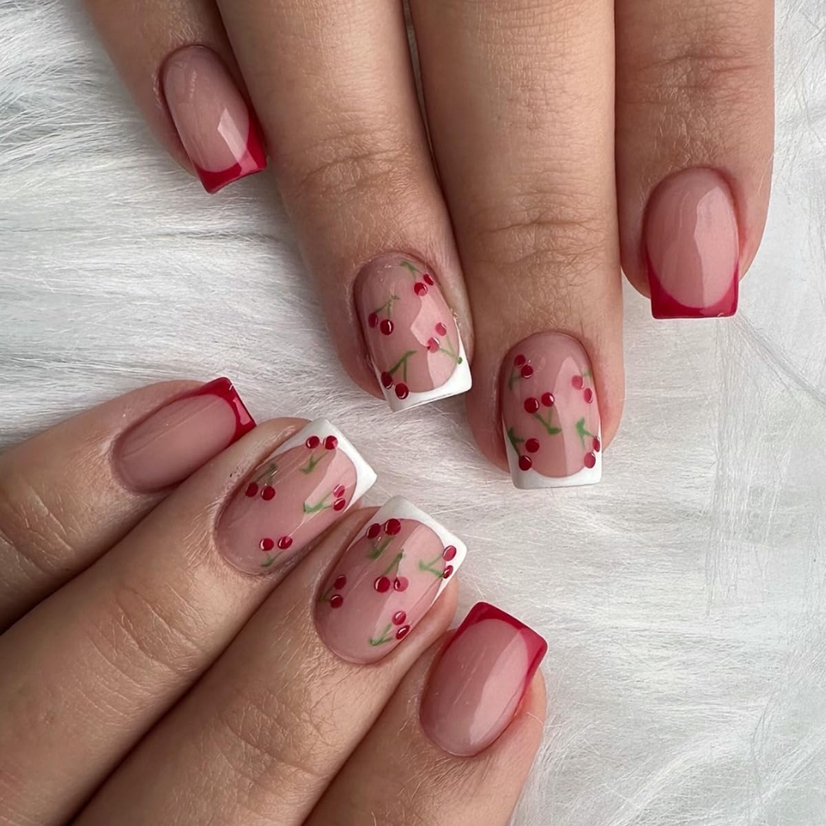 Medium Square Nails With Cherry Pattern Medium Square Nails With Cherry Pattern — Cute Cute Square Nails
