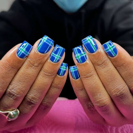 Short Square Nails With Plaid Pattern Short Square Nails With Plaid Pattern — Cute Cute Square Nails