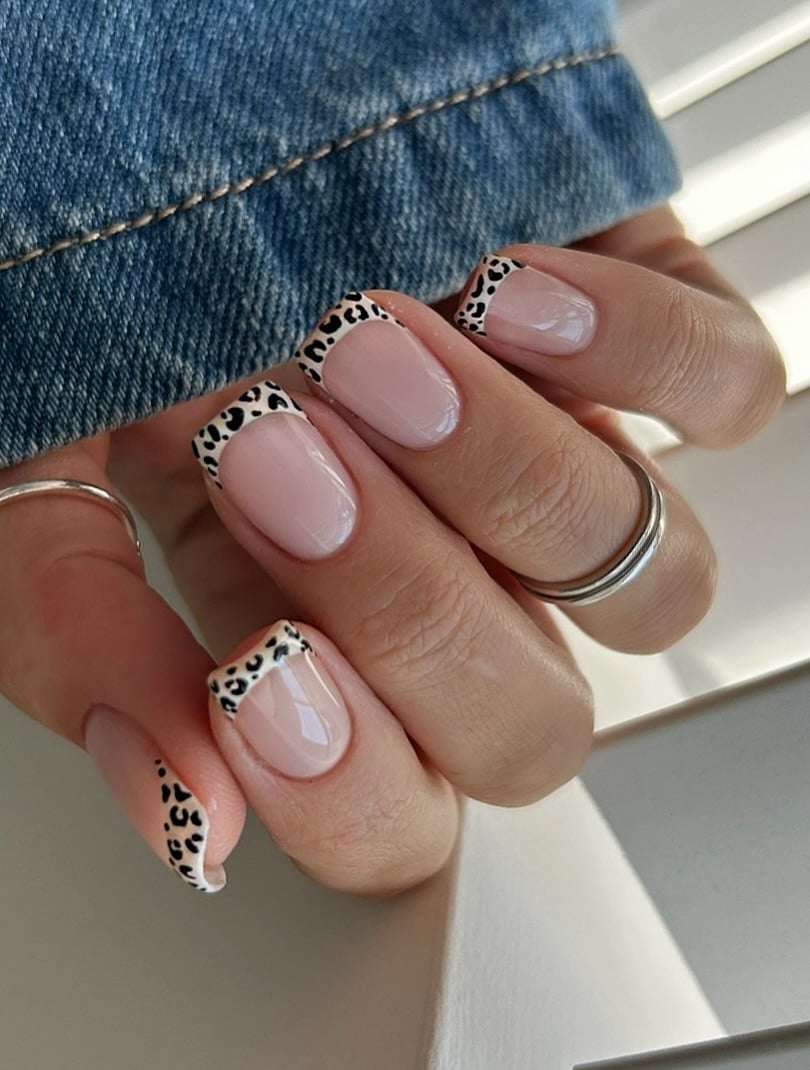 Short Square Leopard Print French Tips Short Square Leopard Print French Tips — Cute Cute Square Nails