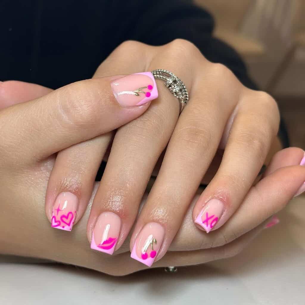 Short Square Nails With Pink French Tips And Motifs Short Square Nails With Pink French Tips And Motifs — Cute Cute Square Nails