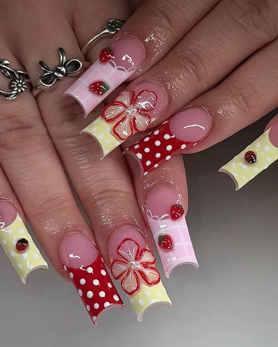 Long Coffin Nails With 3D Embellishments Long Coffin Nails With 3D Embellishments — Cute Cute Square Nails