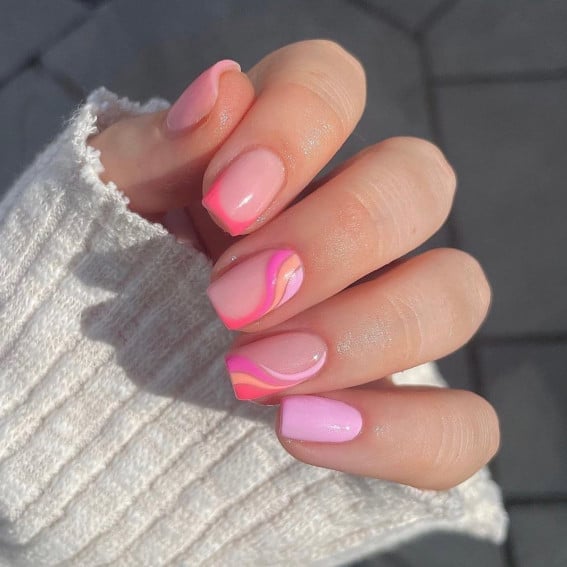 Short Square Nails With Pink Lilac Swirls Short Square Nails With Pink Lilac Swirls — Cute Cute Square Nails