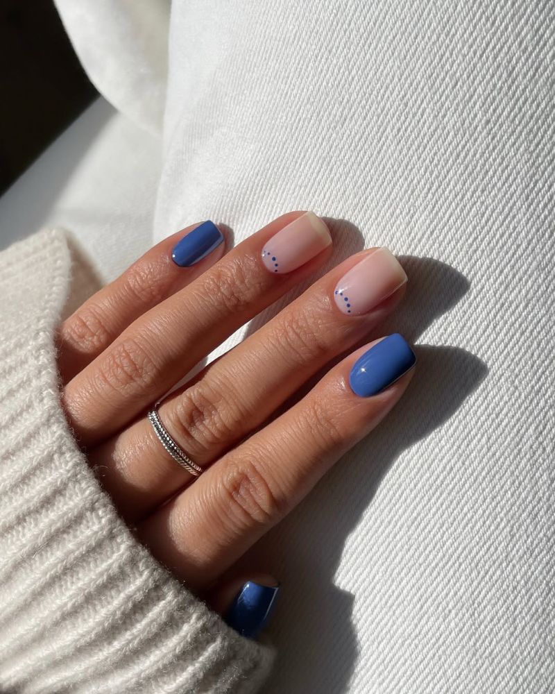 Short Square Nails With Nude And Blue Dots Short Square Nails With Nude And Blue Dots — Cute Cute Square Nails