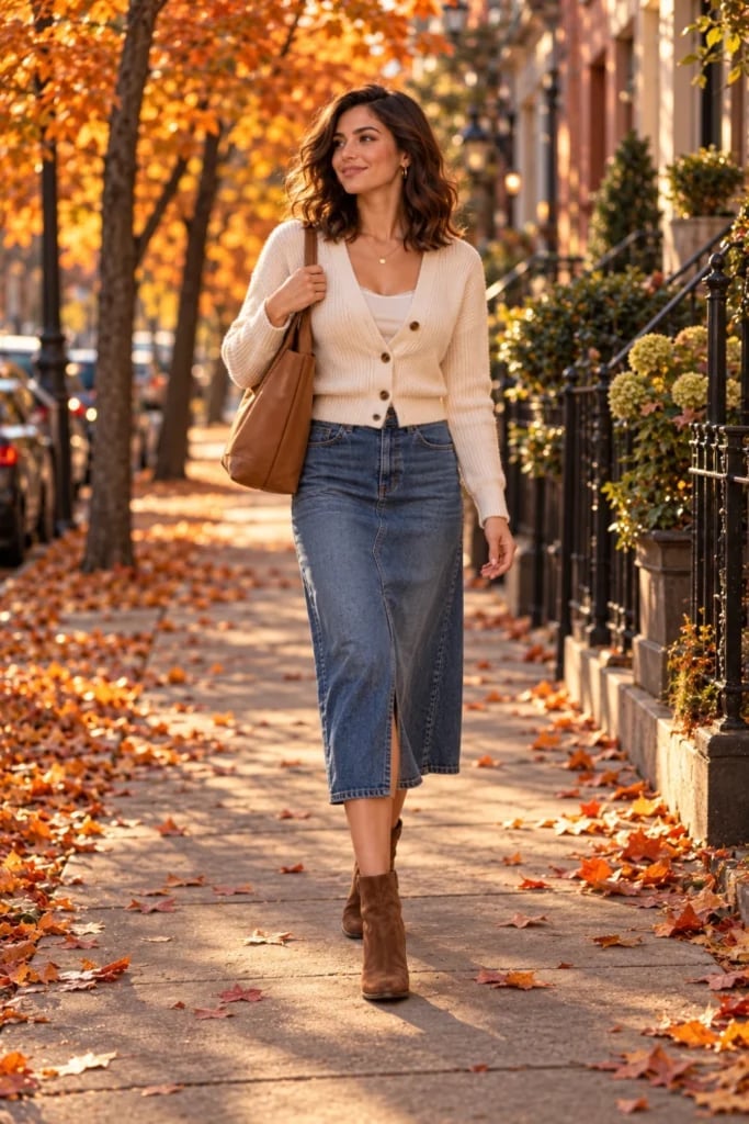 Cream Cardigan With Blue Denim Midi Skirt Cream Cardigan With Blue Denim Midi Skirt — Cute Dinner Outfit Inspo