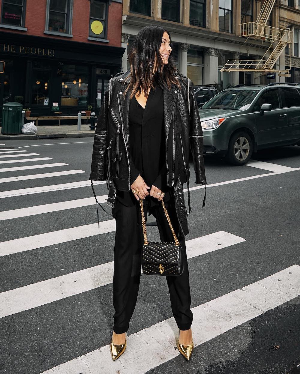 Black Leather Moto Jacket With Relaxed Trousers Black Leather Moto Jacket With Relaxed Trousers — Cute Dinner Outfit Inspo