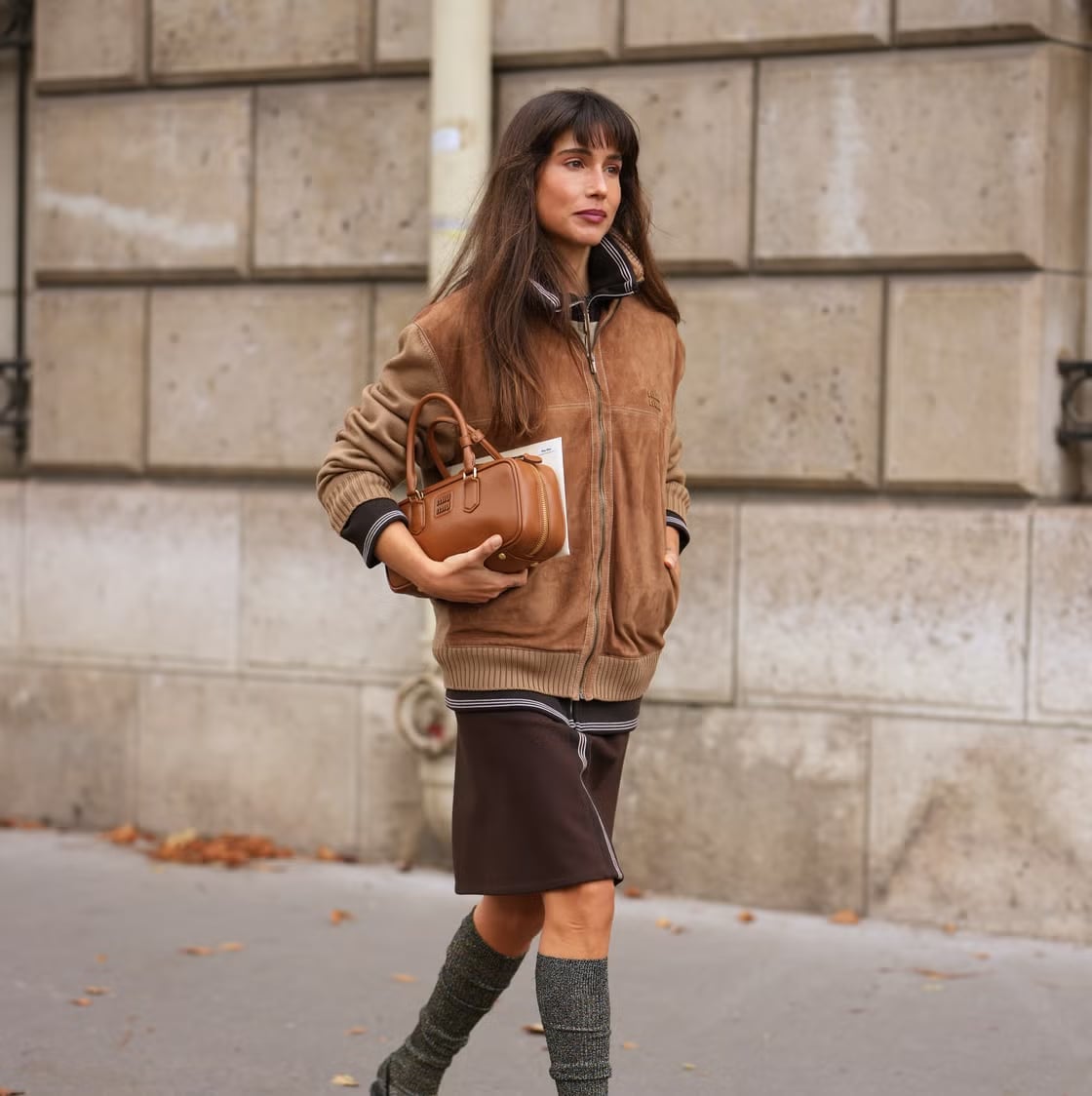 Brown Suede Bomber Jacket With Dark Skirt Brown Suede Bomber Jacket With Dark Skirt — Cute Dinner Outfit Inspo