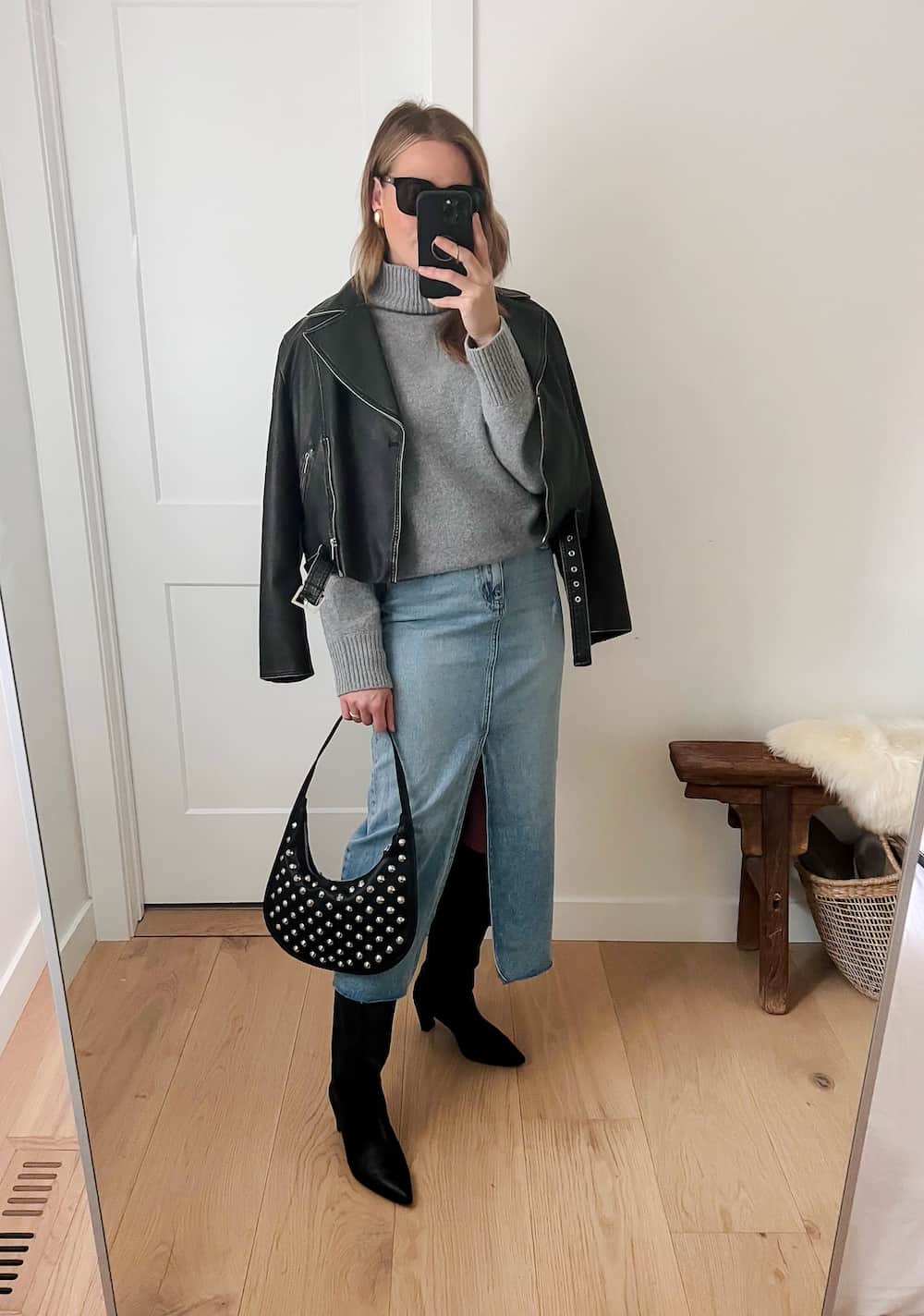 Black Leather Jacket Over Turtleneck With Denim Skirt Black Leather Jacket Over Turtleneck With Denim Skirt — Cute Dinner Outfit Inspo