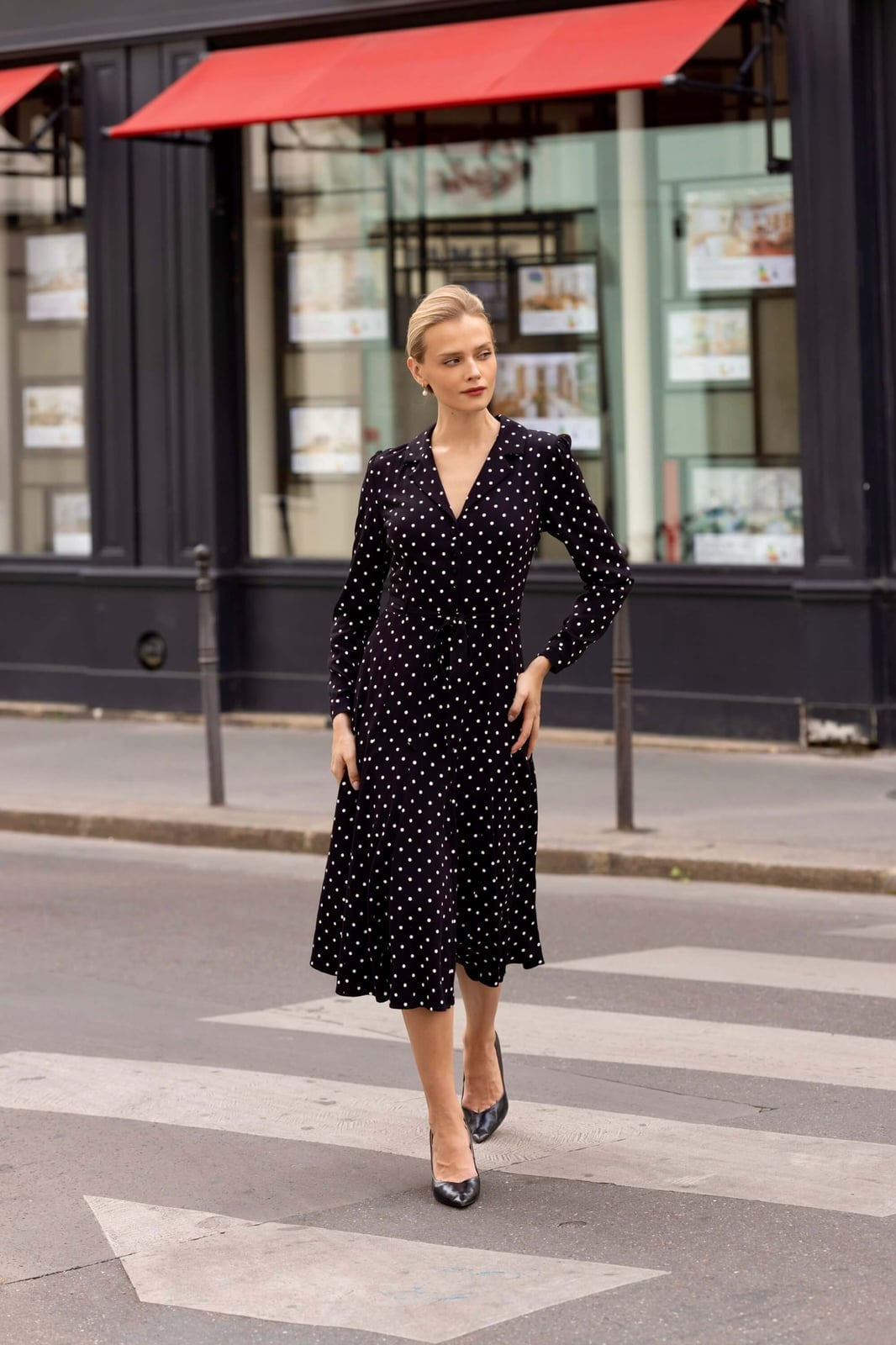 Black Polka Dot Wrap Dress With Pointed Pumps Black Polka Dot Wrap Dress With Pointed Pumps — Cute Dinner Outfit Inspo