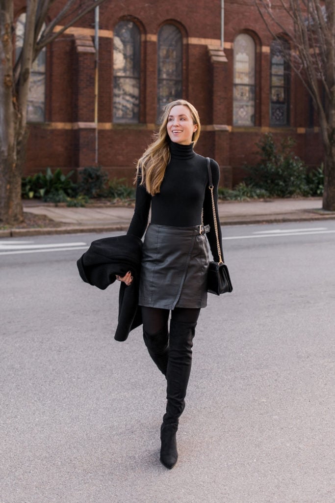 Black Leather Wrap Skirt With Turtleneck Black Leather Wrap Skirt With Turtleneck — Cute Dinner Outfit Inspo