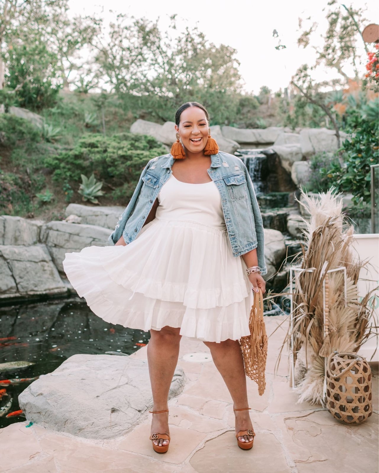 White Tiered Mini Dress With Denim Jacket White Tiered Mini Dress With Denim Jacket — Cute Dinner Outfit Inspo